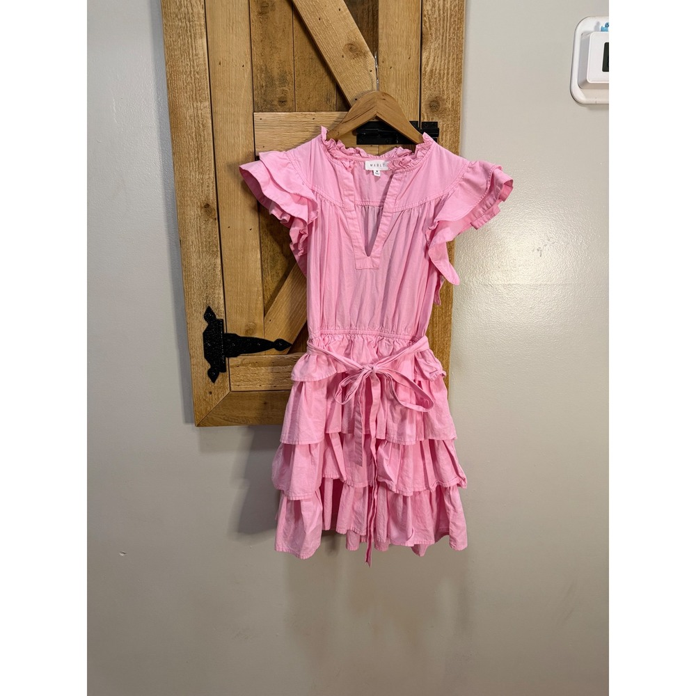Mable Pink Ruffle Tiered Mini Dress Flutter Sleeve Belted MD3644A Womens M